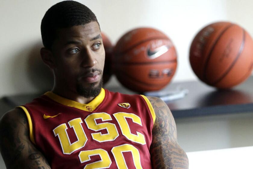 Guard J.T. Terrell, waiting backstage during Pac-12 media day, is expected to play for USC on Friday night.