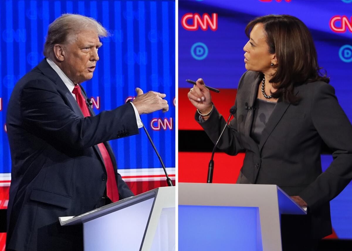 This combination photo shows Donald Trump in 2024, left, and Kamala Harris in 2019. 