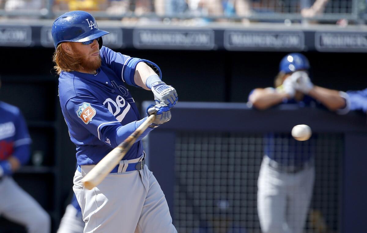 Dodgers third baseman Justin Turner hit his third home run of spring training during the fifth inning of a game against the Padres on March 29.