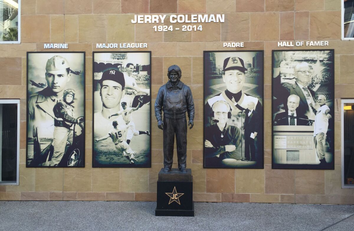 The statue of Jerry Coleman at Petco Park is flanked by photos that trace an amazing life, from Marine pilot who fought in two wars and Yankees second baseman to Padres broadcaster (and manager in 1980) and enshrinement at the National Baseball Hall of Fame.