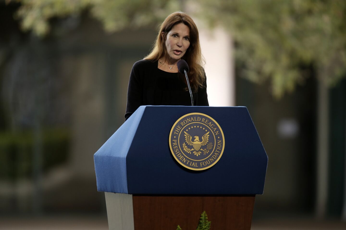 Daughter Patti Davis speaks at the funeral of her mother and former First Lady Nancy Reagan at the Ronald Reagan Presidential Library in Simi Valley.
