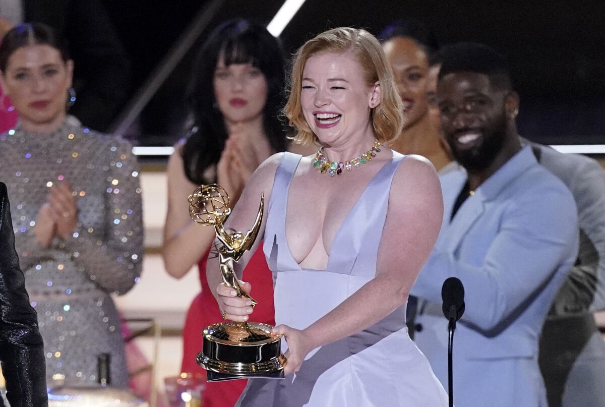 Sarah Snook reacts when "Succession" wins the Emmy for the best 