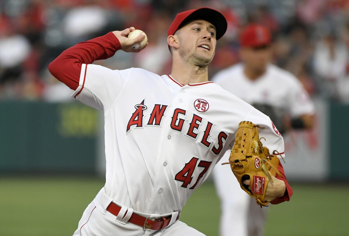 ANAHEIM, CA - JULY 30: Griffin Canning #47 of the Los Angeles Angels of Anaheim pitches in the second inning against the Detroit Tigers at Angel Stadium of Anaheim on July 30, 2019 in Anaheim, California. (Photo by John McCoy/Getty Images) ** OUTS - ELSENT, FPG, CM - OUTS * NM, PH, VA if sourced by CT, LA or MoD **