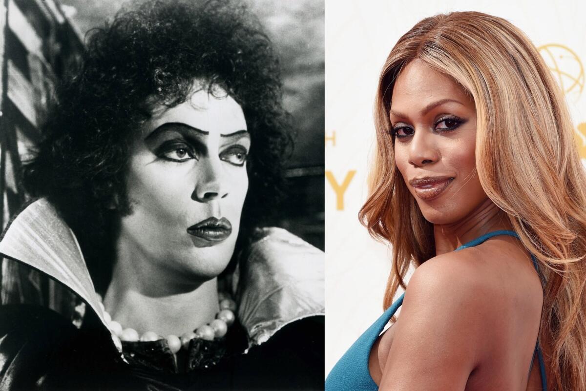 Laverne Cox, right, has been cast in the "Rocky Horror Picture Show" remake as Dr. Frank-N-Furter, who was played by Tim Curry, left, in the 1975 movie.