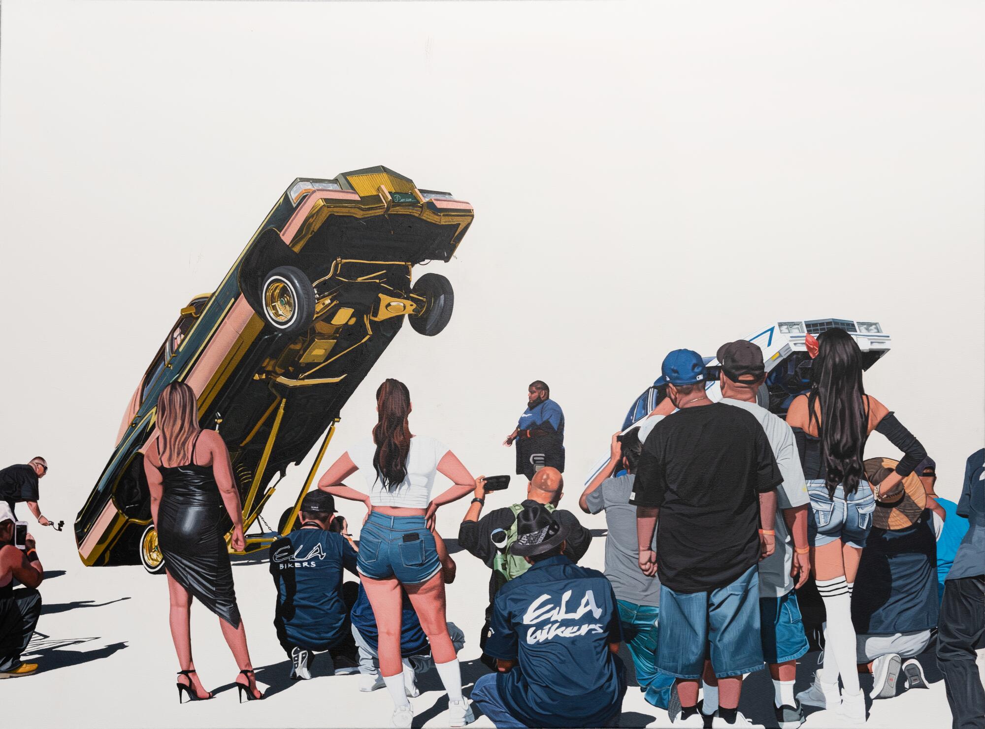 a painting by The Perez Brothers of a group of people standing around two lowriders raised in the air