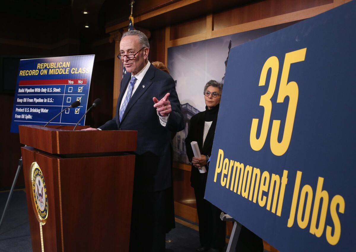 Sen. Chuck Schumer (D-N.Y.) discusses the proposed Keystone XL pipeline during a news conference last week at the Capitol in Washington.