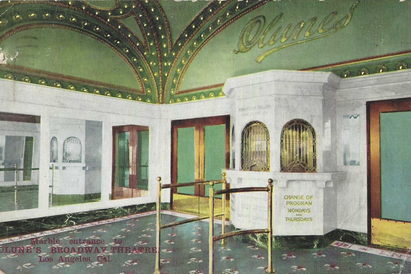 Vintage postcard depicts the marbled, gleaming entrance to an L.A. movie theater