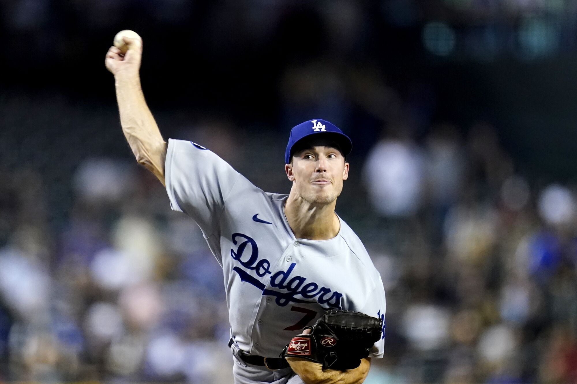 Dodgers starting pitcher Michael Grove throws a pitch against the Diamondbacks in September 2022.