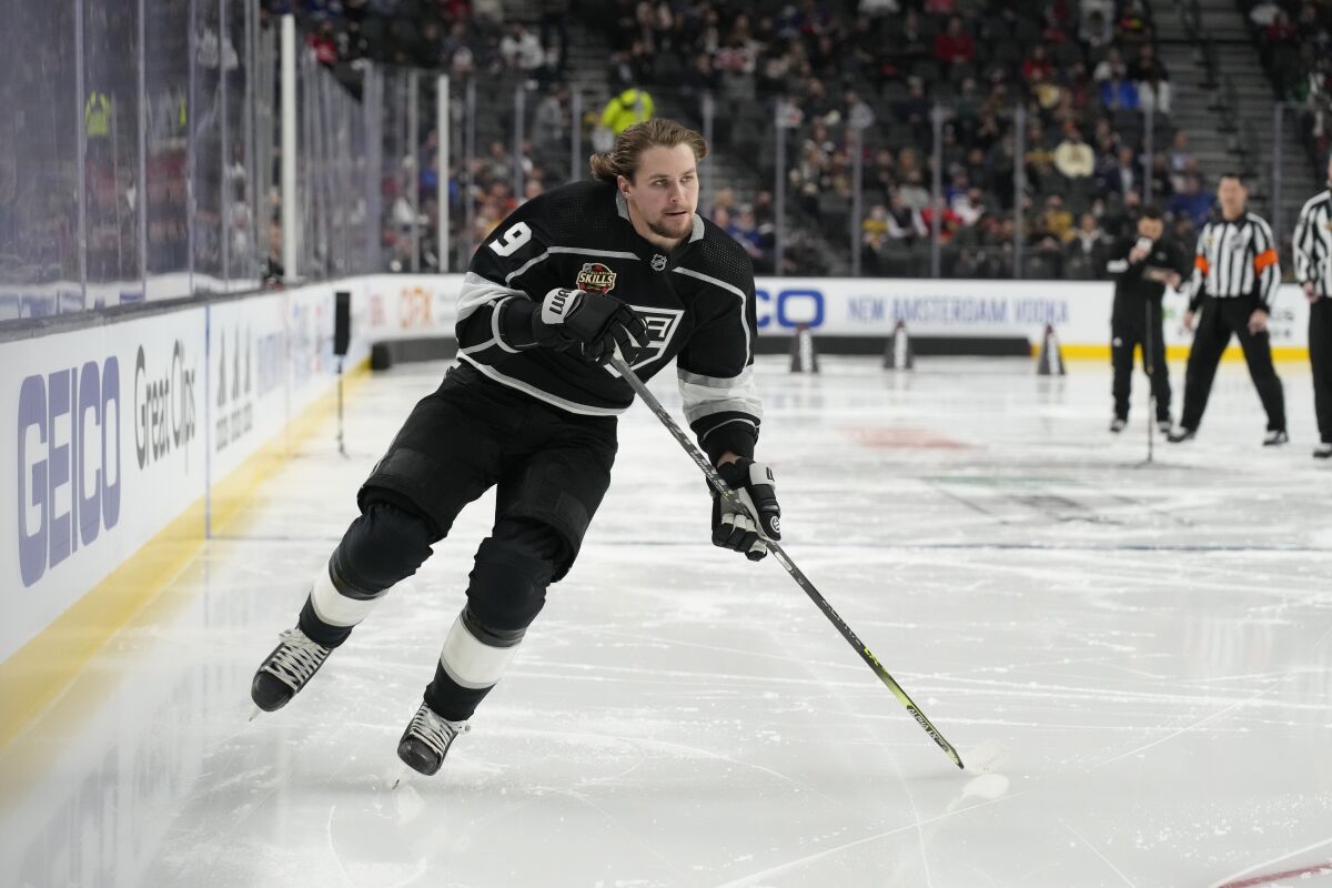 The Kings' Adrian Kempe races down the ice during the Fastest Skater competition Feb. 4, 2022.