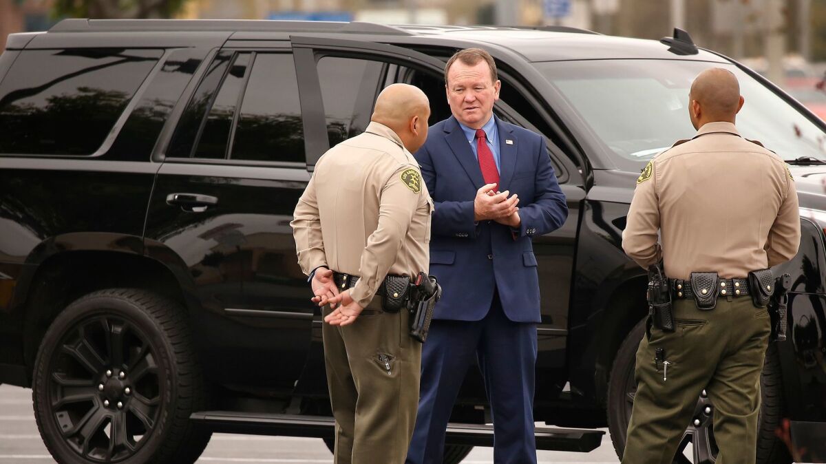Los Angeles County Sheriff Jim McDonnell talks to deputies in Temple City in March.