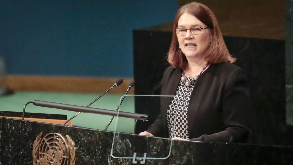 Canadian Health Minister Jane Philpott addresses the United Nations special session on global drug policy in April.