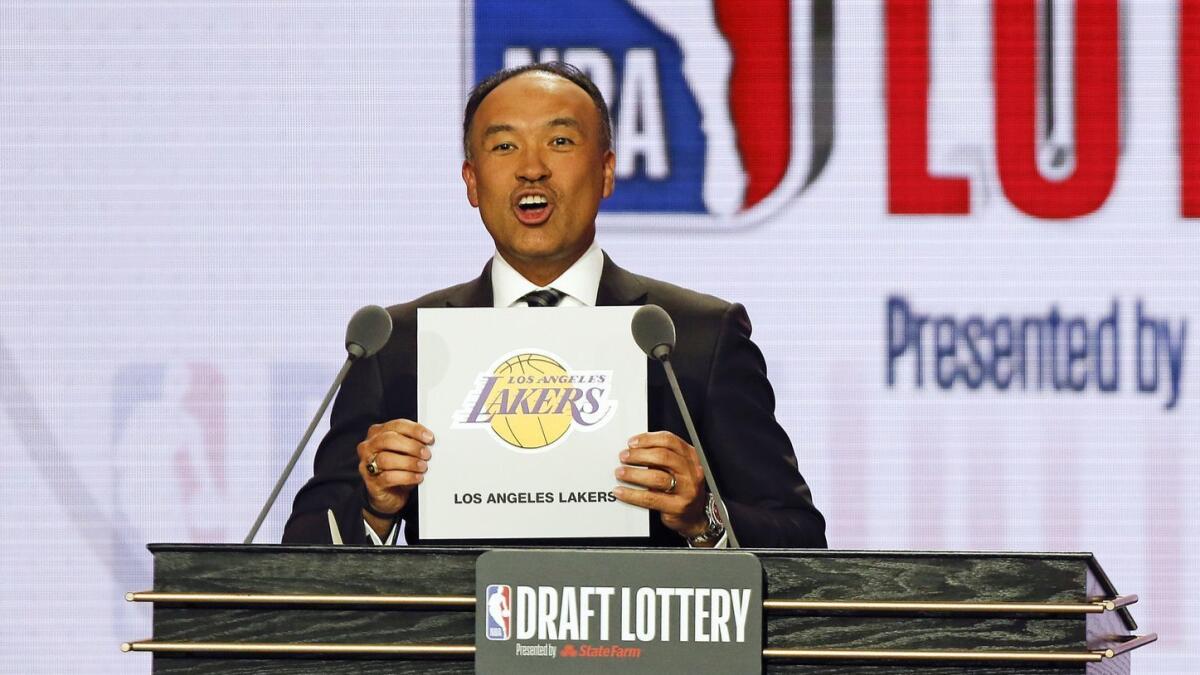 Mark Tatum, the NBA's deputy commissioner, announces that the Lakers have the fourth pick in the draft June 20.