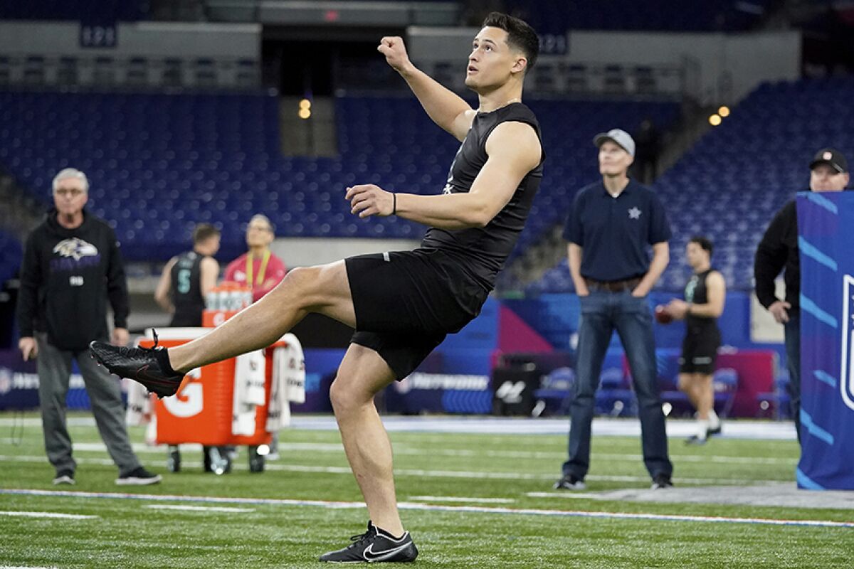 San Diego State's Matt Araiza at the NFL football scouting combine in Indianapolis in March.