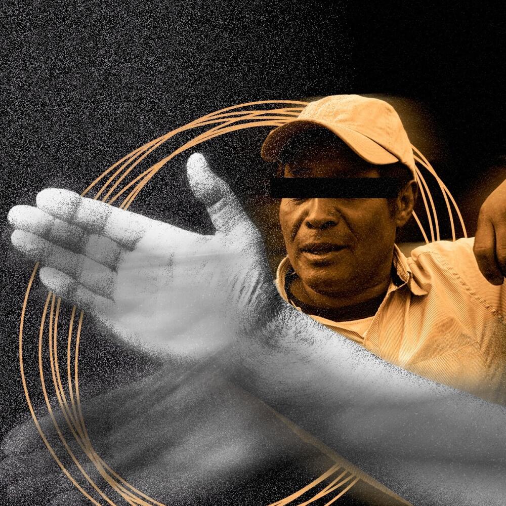 A photo illustration of a hand in movement toward a man in a baseball cap