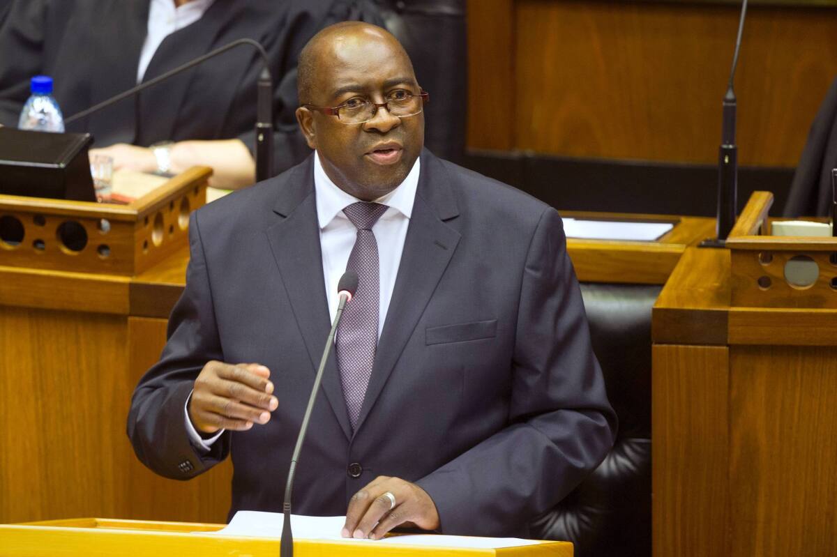 Then-South African Finance Minister Nhlanhla Nene delivers a speech at the National Assembly in Cape Town on Feb. 25.