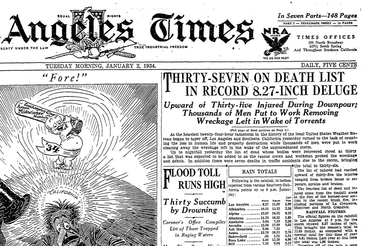 The deadly New Year's flood was front-page news in the Los Angeles Times.