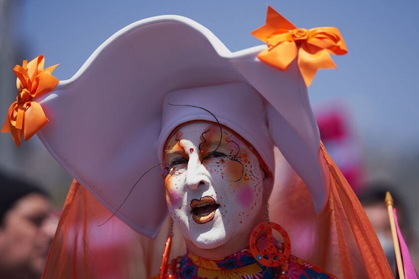 A member of The Sisters of Perpetual Indulgence marches with LGBTQ+ activists during the Los Angeles LGBT Center's "Drag March LA: The March on Santa Monica Boulevard", in West Hollywood, California, on Easter Sunday April 9, 2023. - The march comes in response to more than 400 pieces of legislation targeting the LGBTQ+ community that government officials across the United States have proposed or passed in 2023. (Photo by ALLISON DINNER / AFP) (Photo by ALLISON DINNER/AFP via Getty Images)