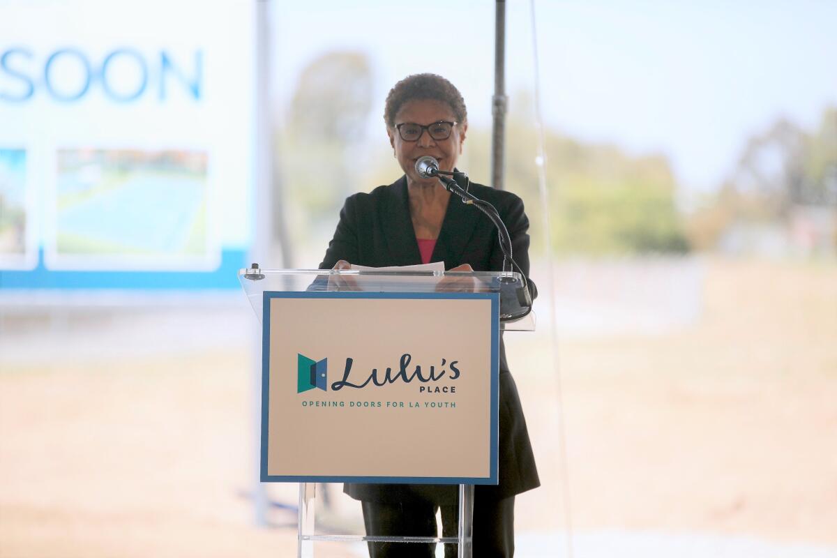 Mayor Karen Bass addresses the audience at the Lulu's Place groundbreaking ceremony on May 8.