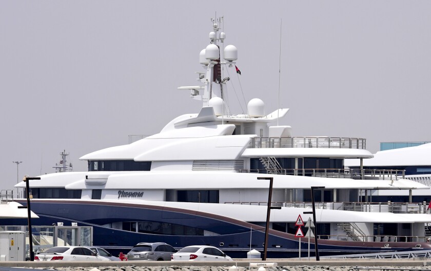 The Nirvana, a sleek 88-meter-long superyacht worth about $300 million, owned by Vladimir Potanin, head of the world's largest refined nickel and palladium producer in Russia, is docked at Port Rashid terminal in Dubai, United Arab Emirates, Tuesday, June 28, 2022. Potanin, the man considered to be the wealthiest oligarch in Russia, joins a growing list of those transferring — or, sailing — their prized assets to Dubai as the West tightens its massive sanctions program. Potanin may not be sanctioned by the United States or Europe yet; such sanctions could roil metal markets and potentially disrupt supply chains, experts say. (AP Photo/Kamran Jebreili)