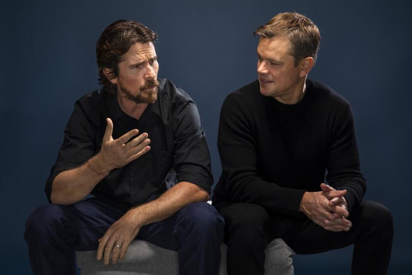 LOS ANGELES, CA --NOVEMBER 06, 2019 —Actors Christian Bale, left and Matt Damon are photographed during promotion of their new film, “Ford v Ferrari,” at the Four Seasons hotel in Los Angeles, CA, Nov 06, 2019. Bale plays British race car driver Ken Miles, who helps push American auto designer Carroll Shleby, played by Damon, in building a Ford to beat the race cars of Enzo Ferrari, at the 24 Hours of Le Mans, in France, in 1966. (Jay L. Clendenin / Los Angeles Times)