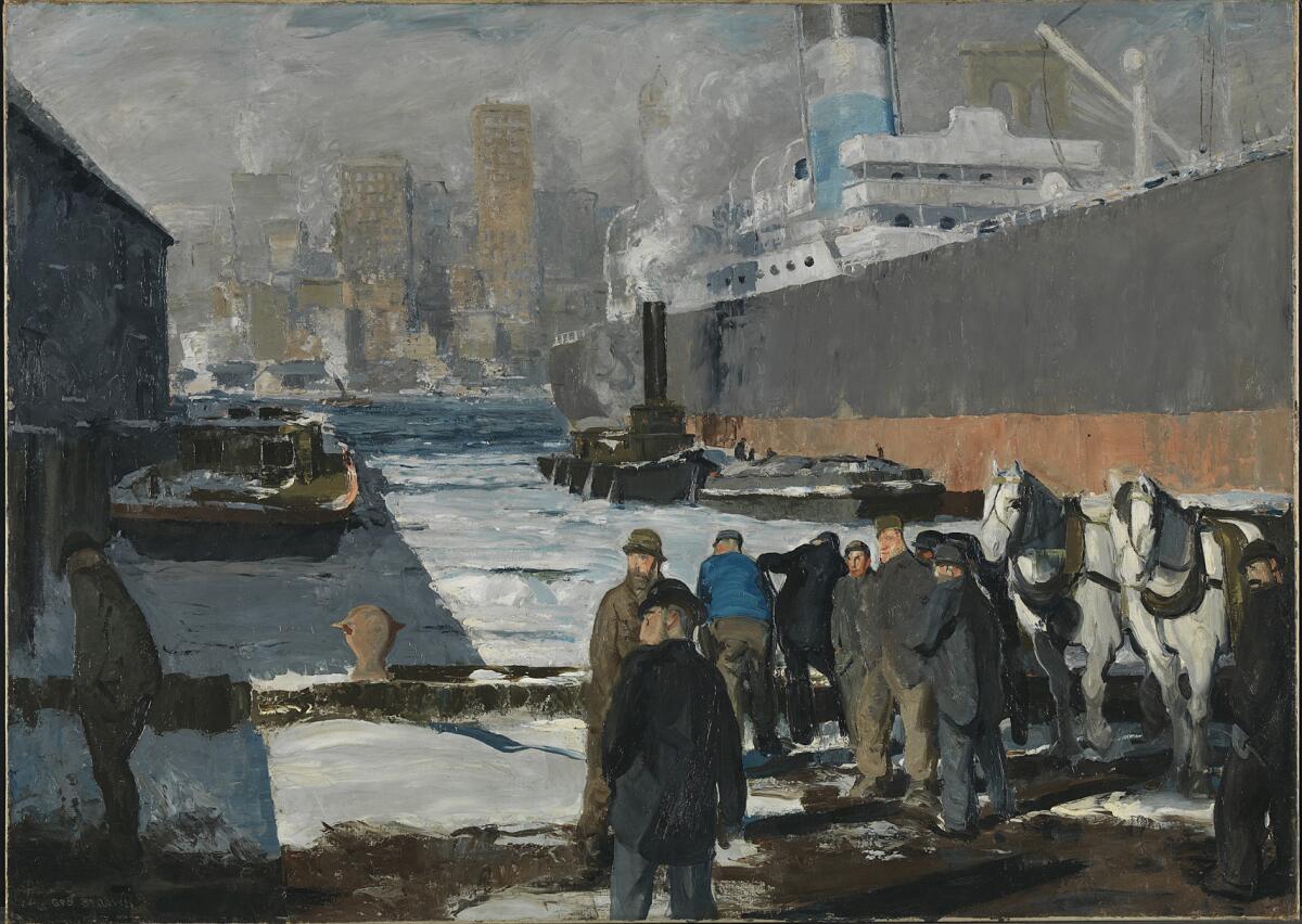 George Bellows' 1912 painting "Men of the Docks" is seen at the National Gallery in London.
