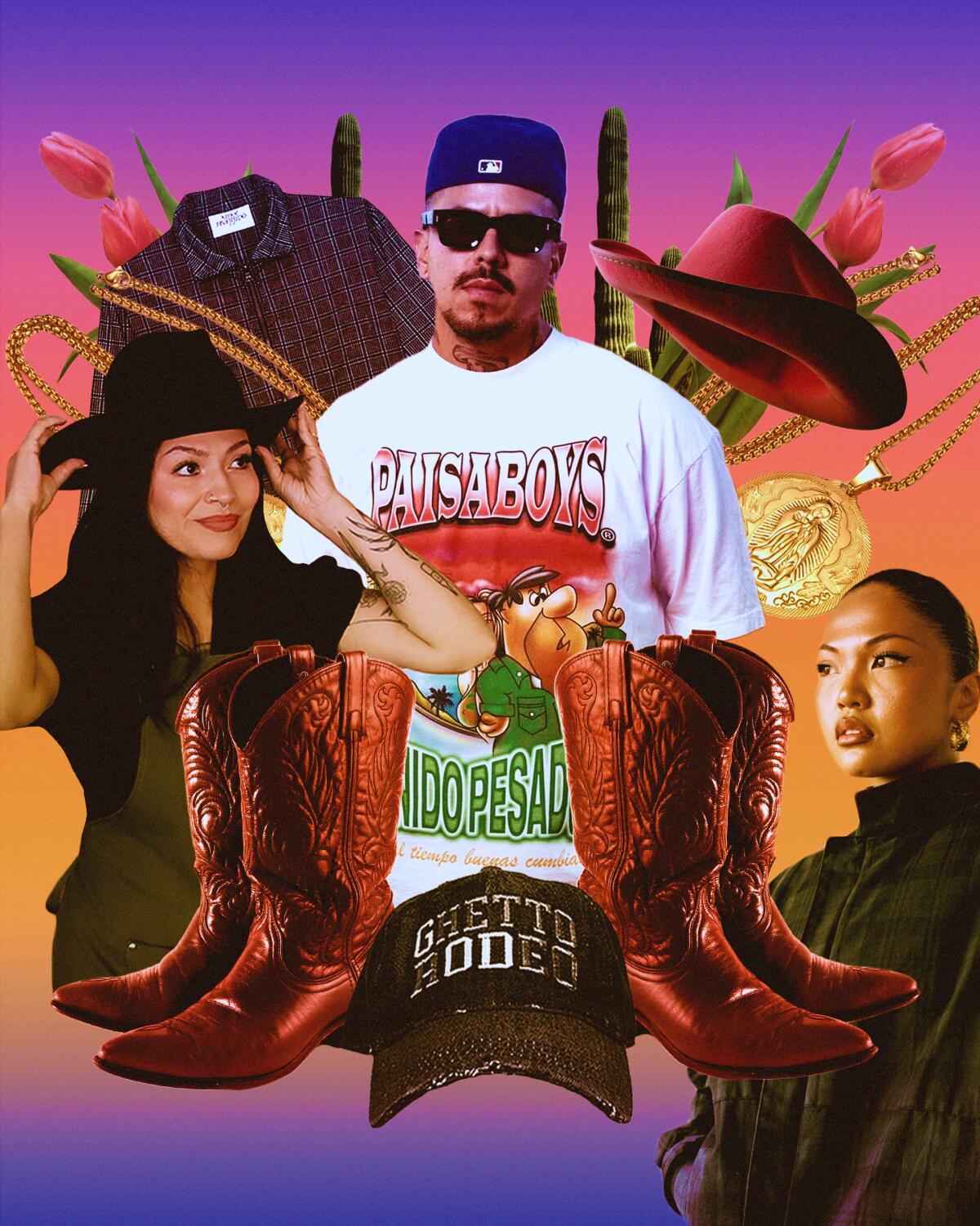 A collage of people wearing and displaying clothing items fit for regional Mexican music fans: boots, hats and more