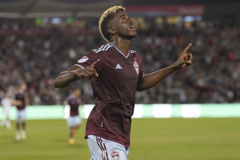 Rapids forward Gyasi Zardes celebrates after scoring a goal against the Galaxy on July 16, 2022, in Commerce City, Colo.