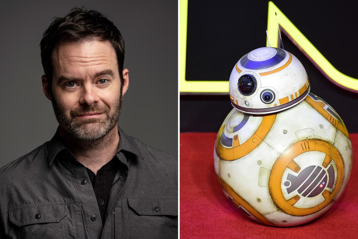 Actor-director Bill Hader in a collage next to 'Star Wars' droid BB-8