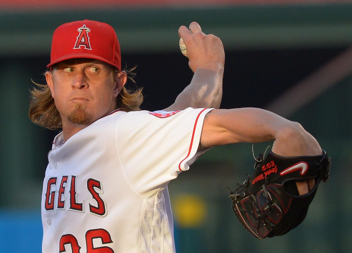 Angels starting pitcher Jered Weaver (36) in the first inning against the Minnesota Twins.