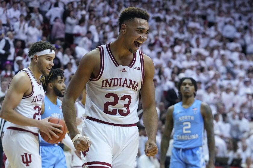 CORRECTS CITY TO BLOOMINGTON, INSTEAD OF INDIANAPOLIS - Indiana forward Trayce Jackson-Davis (23) reacts to a play during the second half of an NCAA college basketball game against North Carolina in Bloomington, Ind., Wednesday, Nov. 30, 2022. (AP Photo/Darron Cummings)