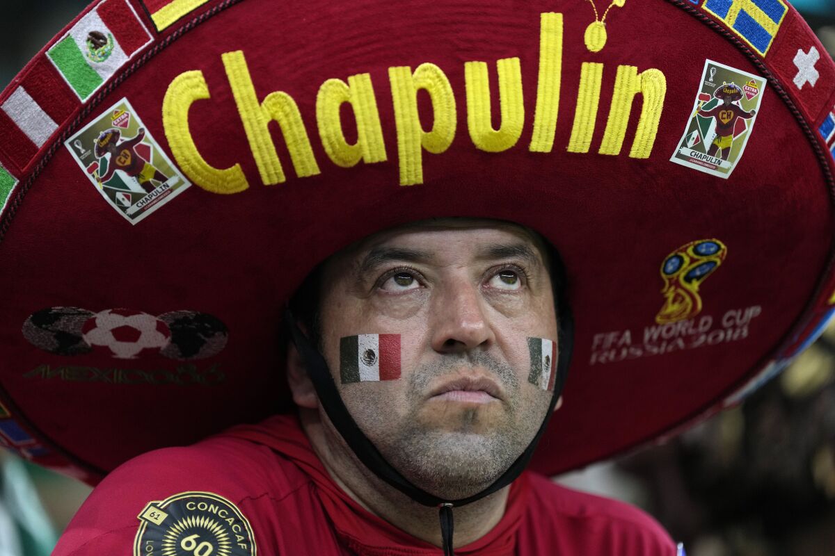A Mexico fan on the stands reacts at th 