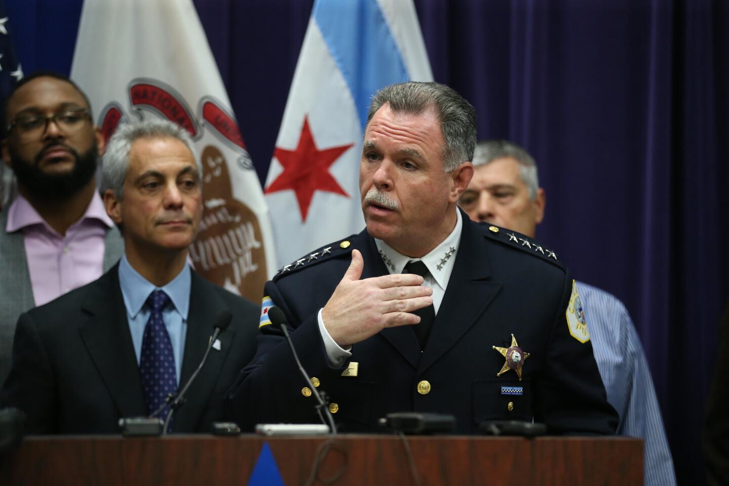 Chicago police Superintendent Garry McCarthy, right, joined by Mayor Rahm Emanuel, second from left, speaks at a Nov. 24, 2015, news conference at the Chicago Police Deptartment headquarters regarding the shooting death of Laquan McDonald.