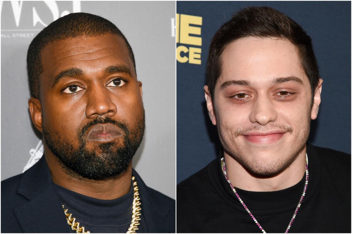 A split image of Kanye West wearing a black shirt and Pete Davidson wearing a black shirt