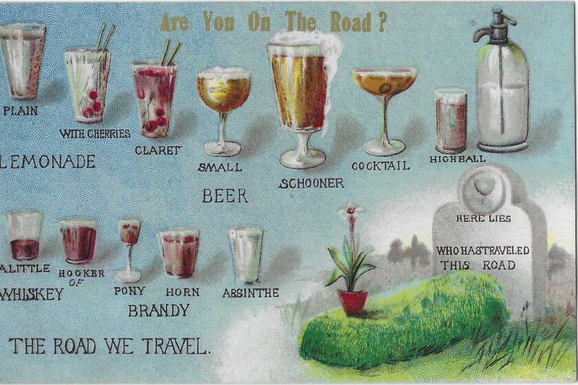 A variety of drinks, including plain lemonade, beer, whiskey and absinthe are shown in a line to the grave of the drinker.