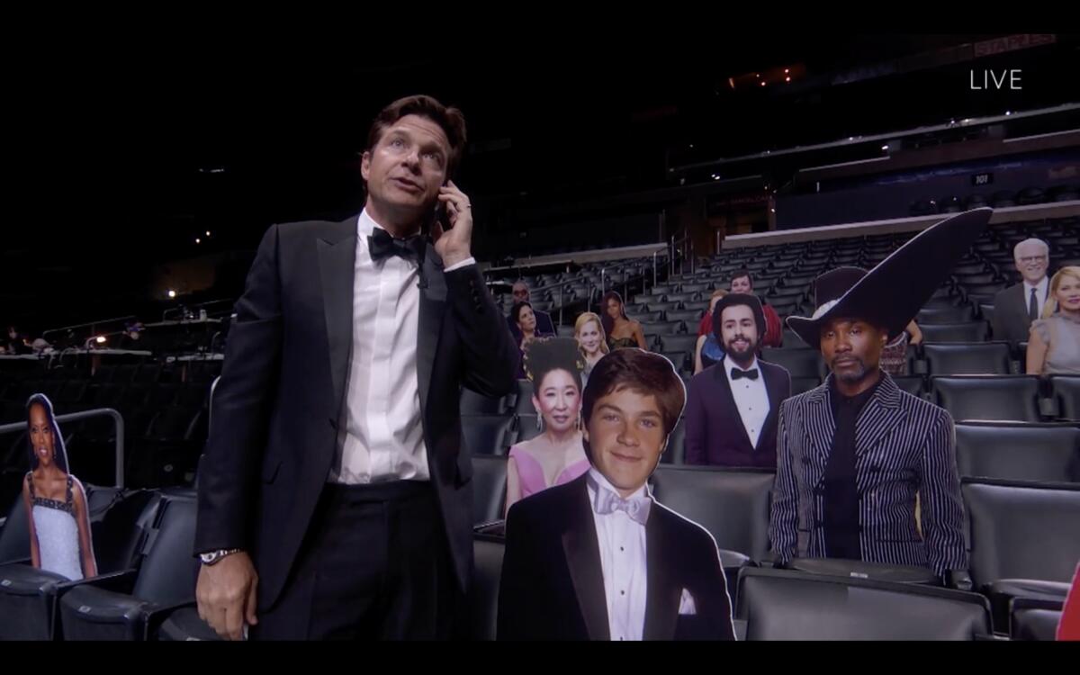 Jason Bateman in the midst of a comedy bit during the 72nd Emmy Awards.
