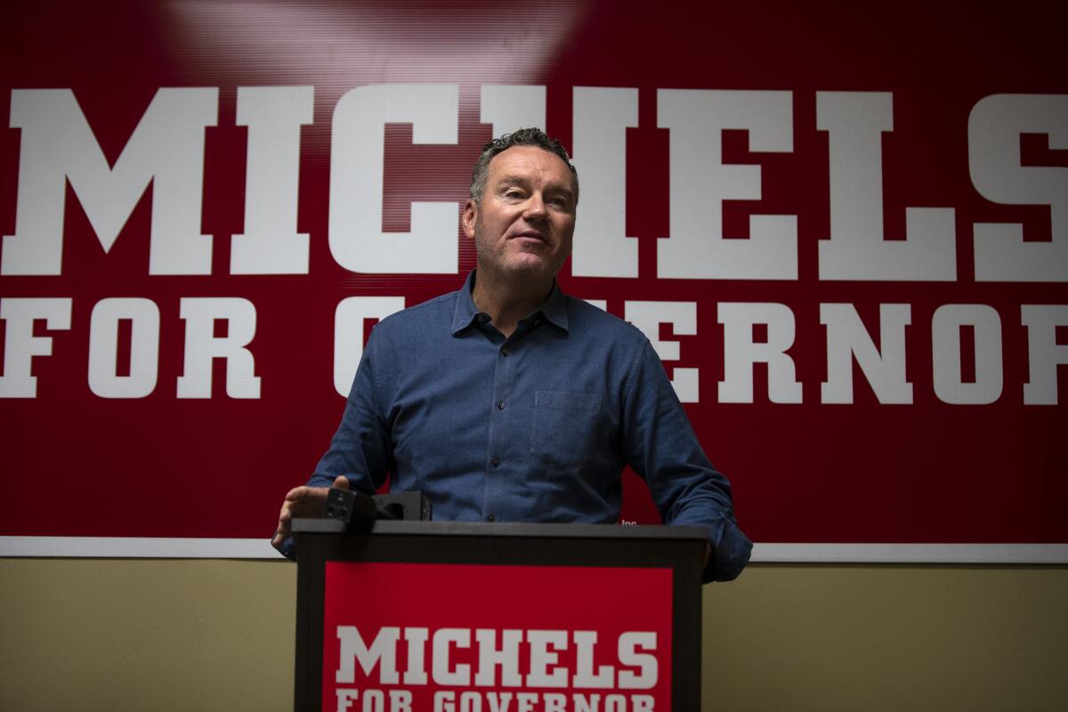 Tim Michels, a Republican candidate for Wisconsin governor, launches Michels Freedom Tour on Tuesday, July 12, 2022 at his campaign headquarters on East Walnut Street in Green Bay, Wis. (Samantha Madar/The Post-Crescent via AP)
