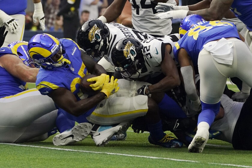 Los Angeles Rams running back Sony Michel scores a touchdown during the first half of an NFL football game Sunday, Dec. 5, 2021, in Inglewood, Calif. (AP Photo/Mark J. Terrill)