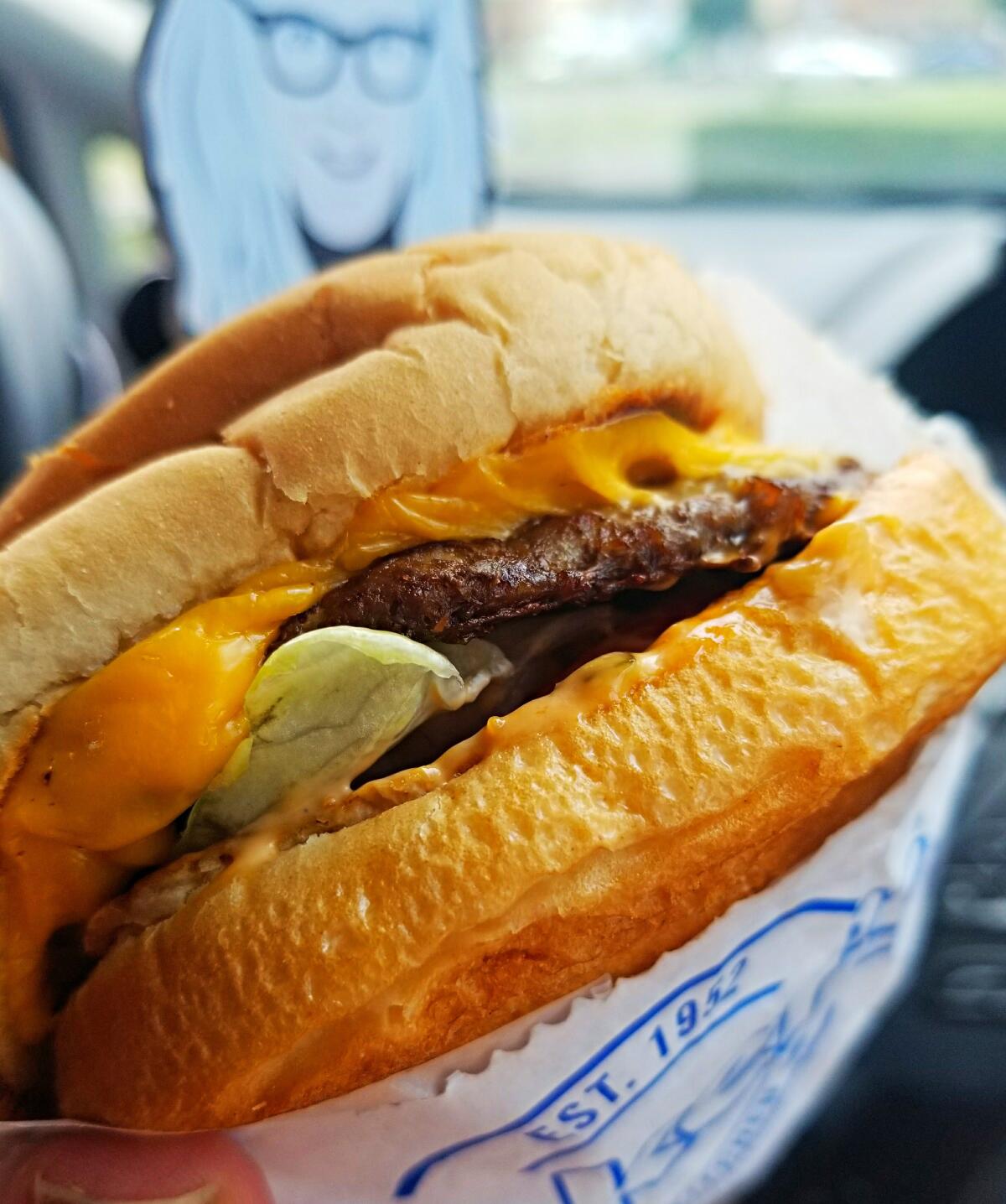 The Single Baker cheeseburger at Baker's Drive-Thru. 