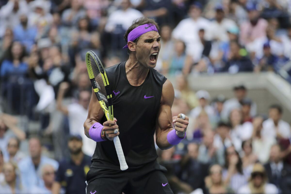 Rafael Nadal reacts after scoring a point against Daniil Medvedev during the men's singles final of the 2019 U.S. Open. 