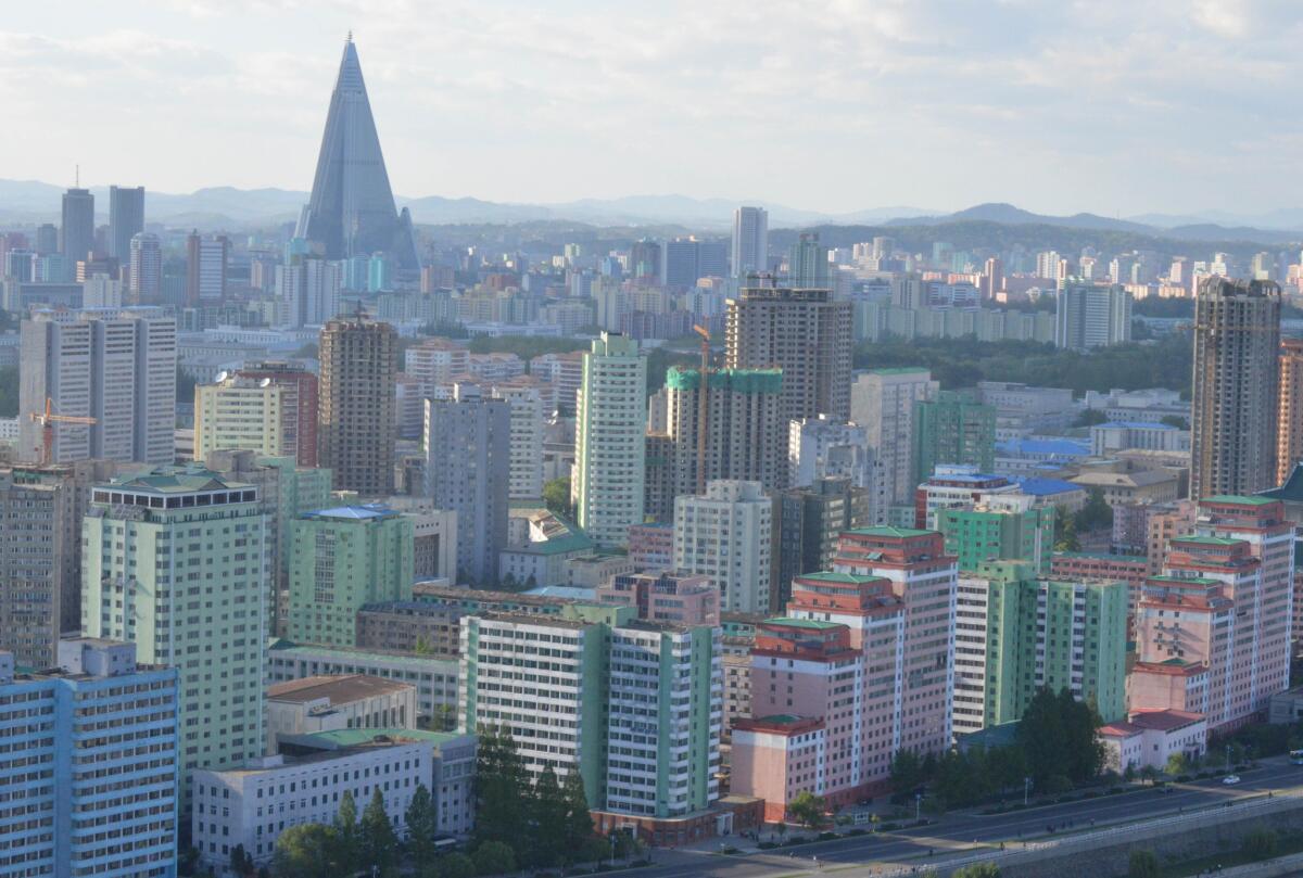 A view of the Pyongyang, North Korea, skyline with the pyramidal Ryugyuong Hotel visible.
