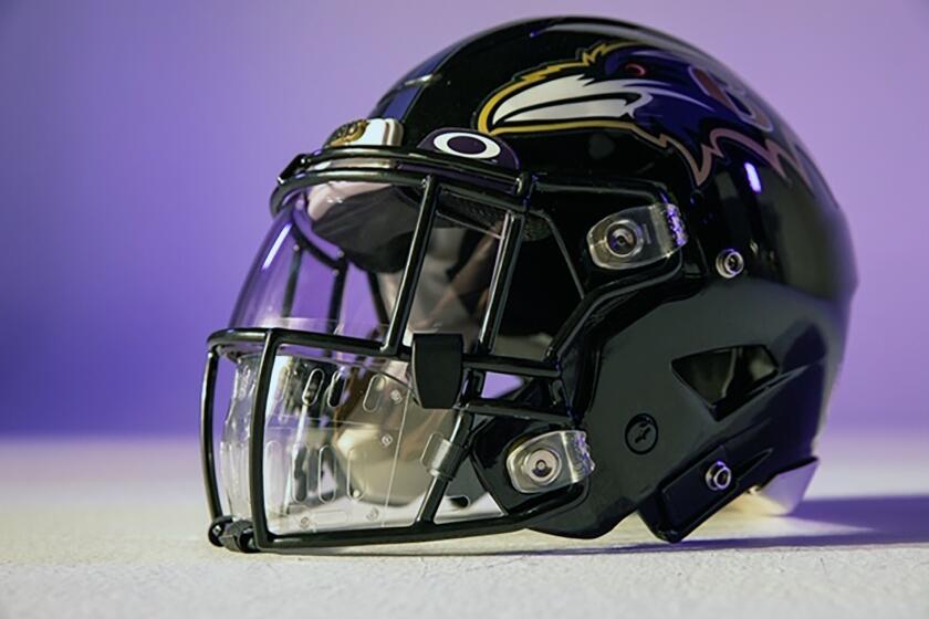 This photo provided by Oakley shows a new face shield designed by Oakley. With NFL training camps set to start at the end of the month, the league believes it is closer to one answer when it comes to player safety in the midst of the coronavirus pandemic. Face shields for the players' helmets. (Oakley via AP)