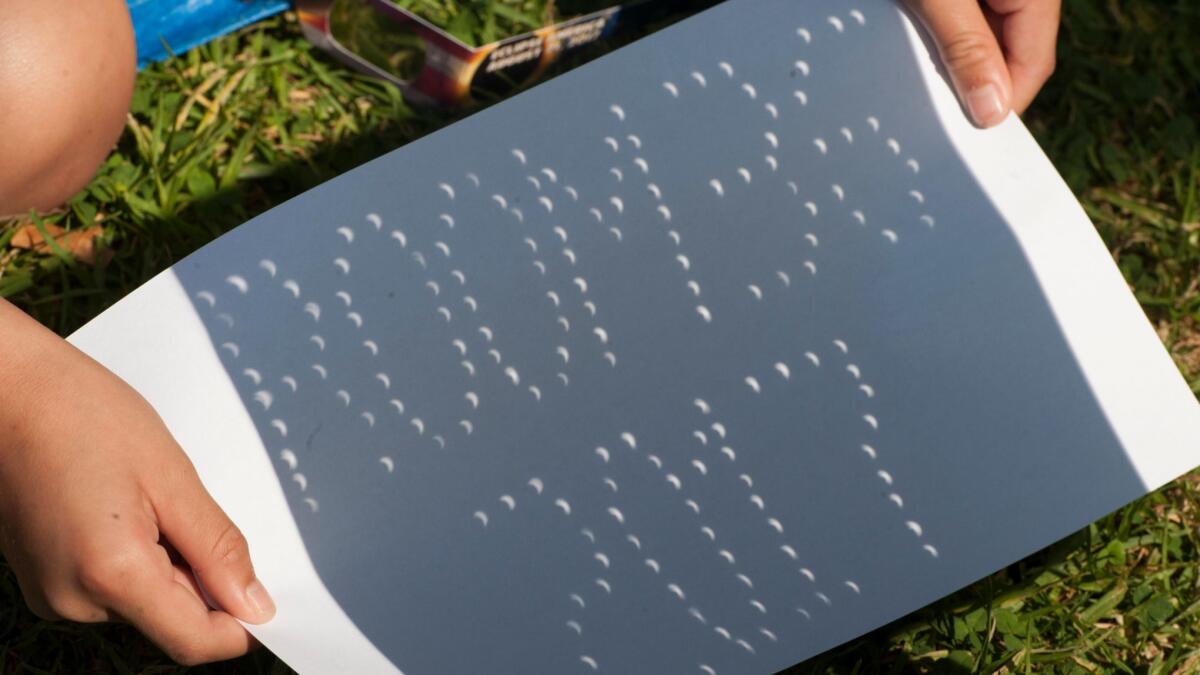 A Miller Elementary student makes use of pinholes look at Monday's partial solar eclipse.