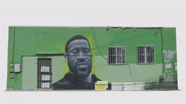 Misteralek painted a mural of George Floyd to commemorate his life outside a Watts convenience store. 