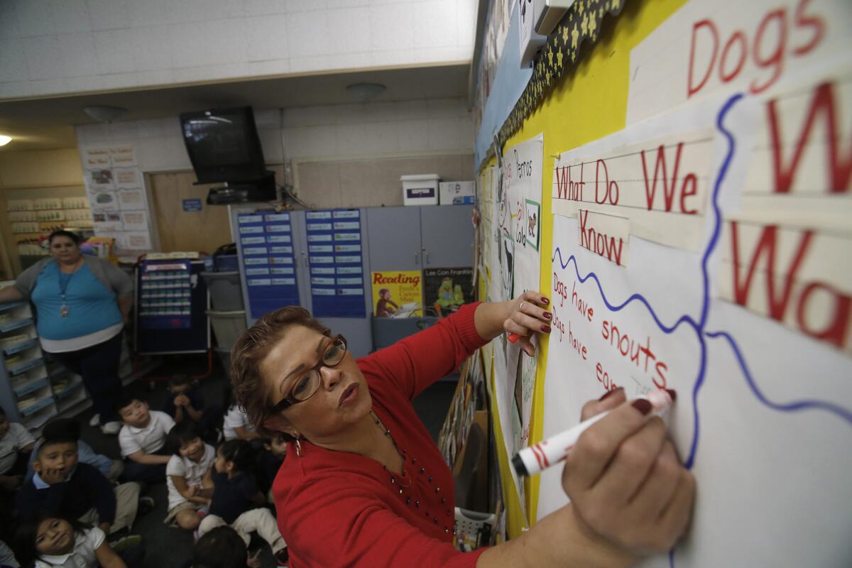Diane Villagran-Basil, a kindergarten teacher at Parkview School in El Monte, helps students learn English. Federal officials Wednesday stepped up efforts to help such students.