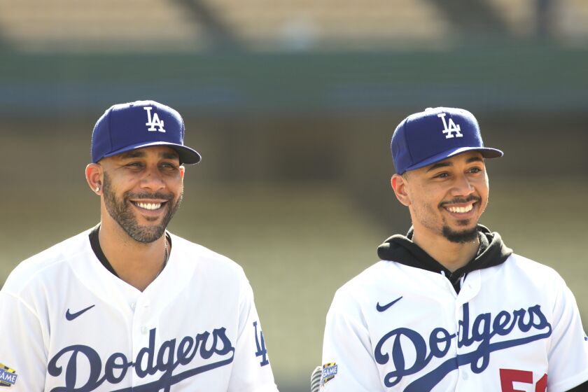 LOS ANGELES-CA-FEBRUARY 12, 2020: David Price and Mookie Betts at Dodger Stadium on February 12, 2020. (Christina House / Los Angeles Times)
