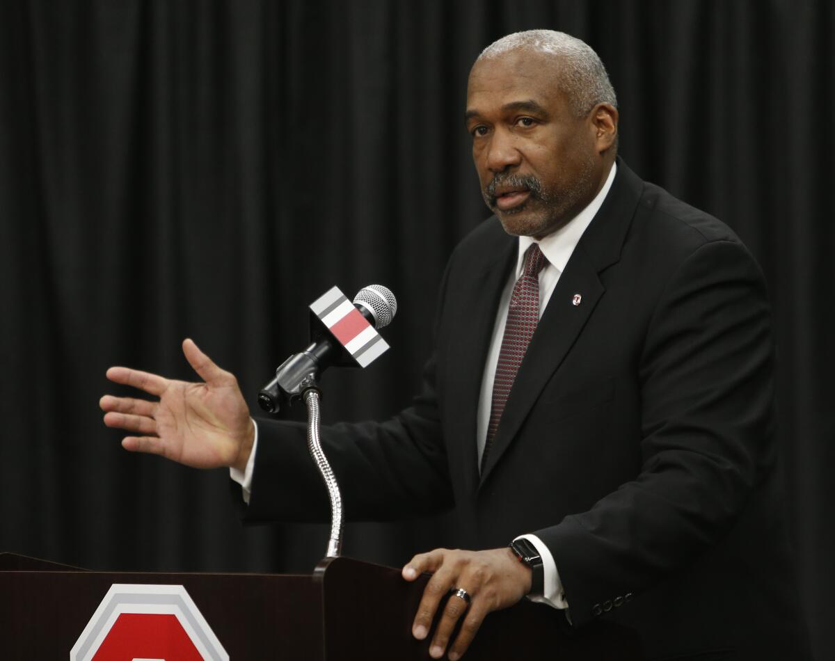 Ohio State athletics director Gene Smith answers questions during a 2018 news conference