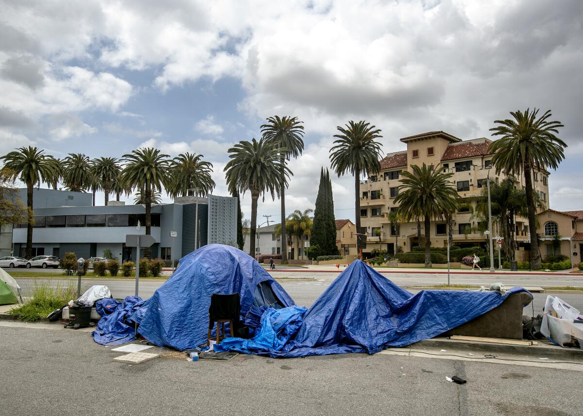 A homeless encampment on San Vicente Boulevard on April 14. 