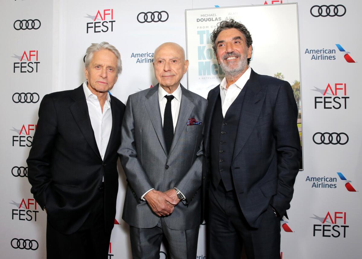 Michael Douglas, Alan Arkin and Chuck Lorre attend the premiere of 'The Kominsky Method ' in Hollywood, California.