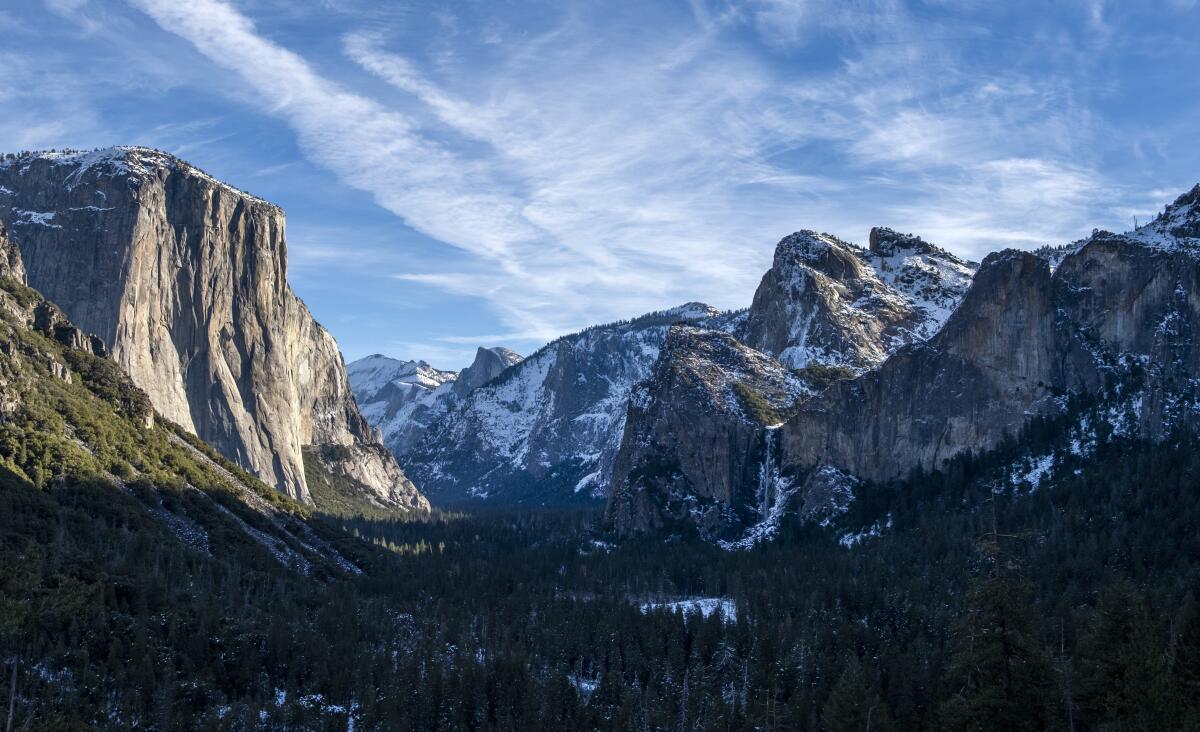 A view of El Capitan, Half Dome and Bridalveil Fall in Yosemite National Park