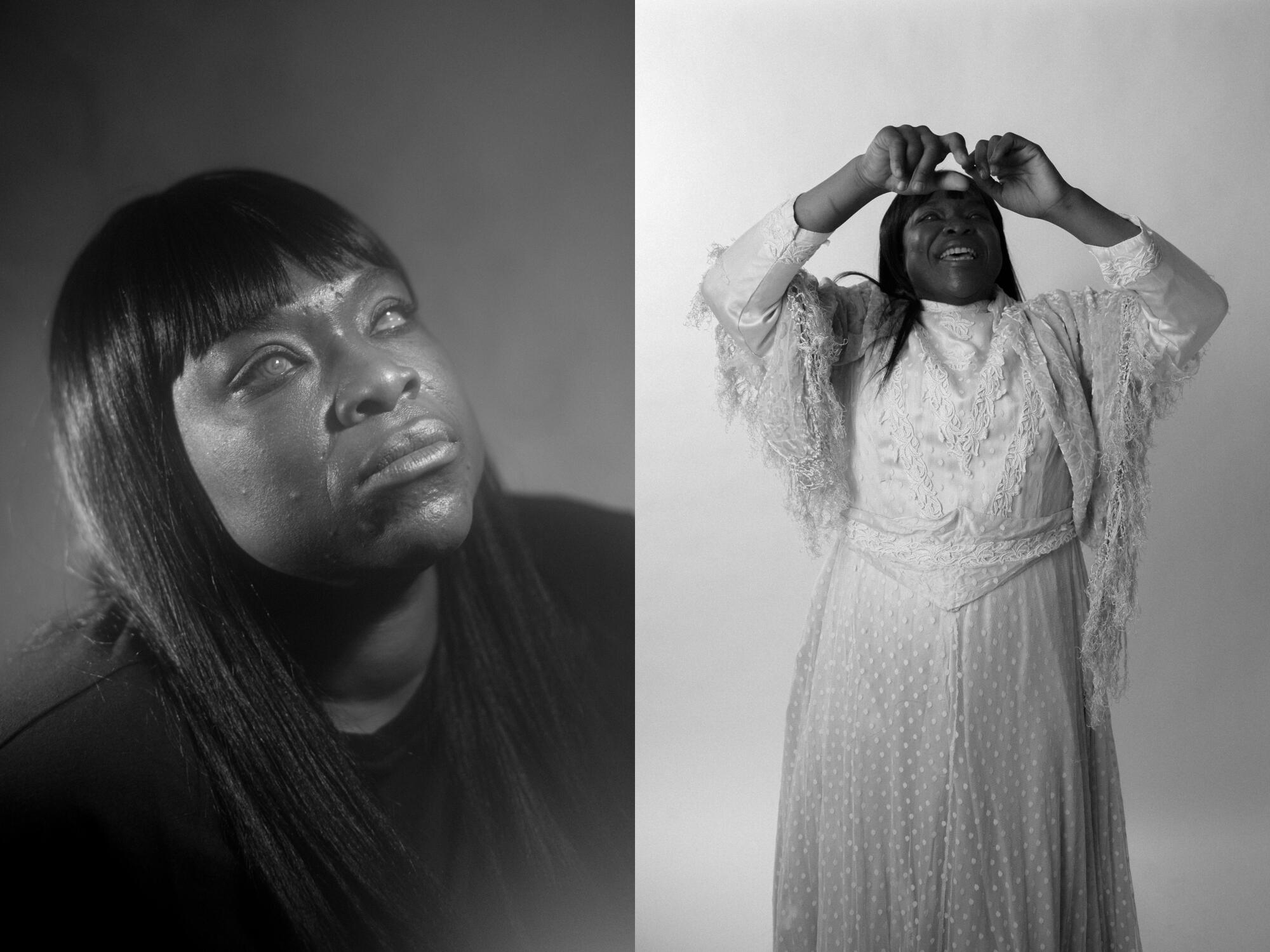 A split image shows a woman wearing black, left, and raising her hands while wearing a white dress, right.